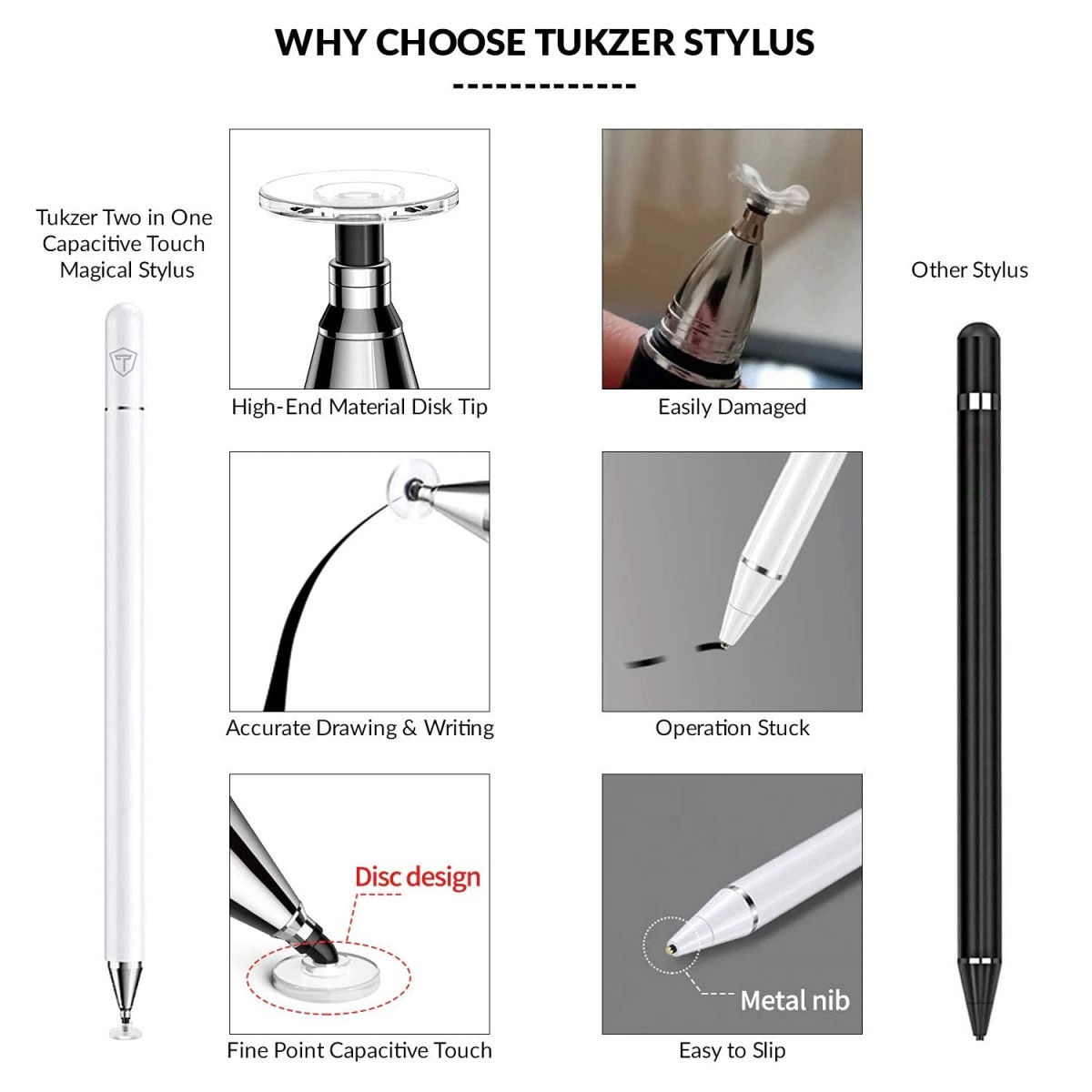 Tukzer Capacitive Stylus Pen for Touch Screens Devices, Fine Point, Lightweight Metal Body