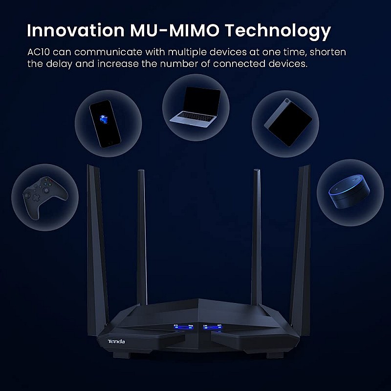 Tenda AC10 AC1200 Wireless Smart Dual-Band Gigabit WiFi Router, MU-MIMO, 4 Gigabit Ports