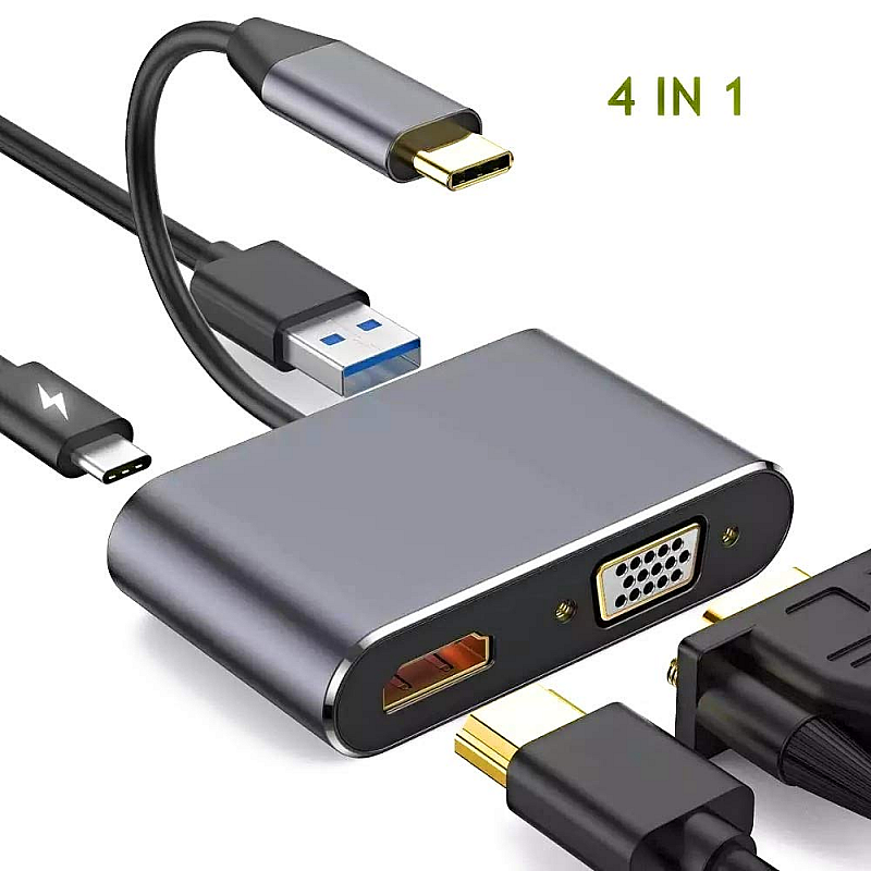 Live Tech Link 4 in 1 USB Type C to HDMI Port VGA Port USB Adapter USB3.0 PD Connect-