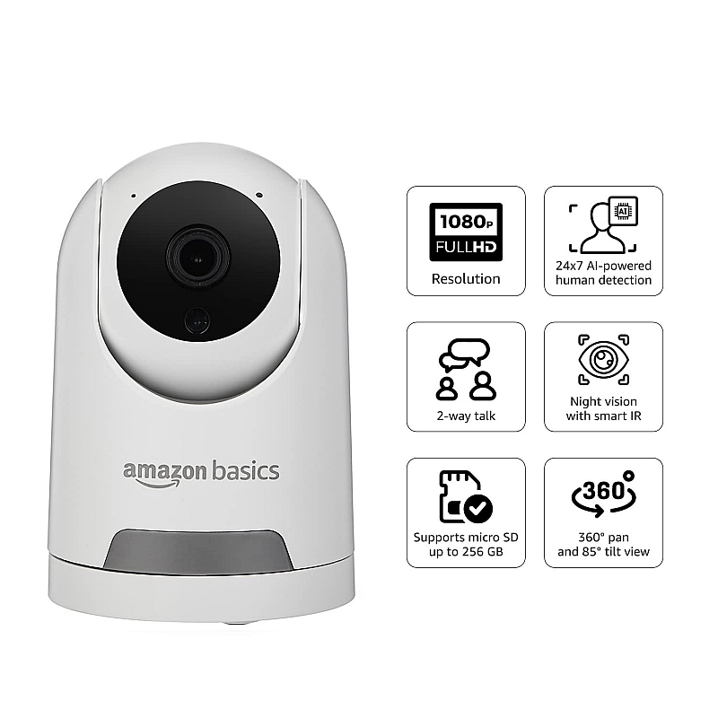 Amazon Basics 2MP Smart Security Camera with 360 Degree View Wi-Fi Enabled 1080p Full HD Picture (White)