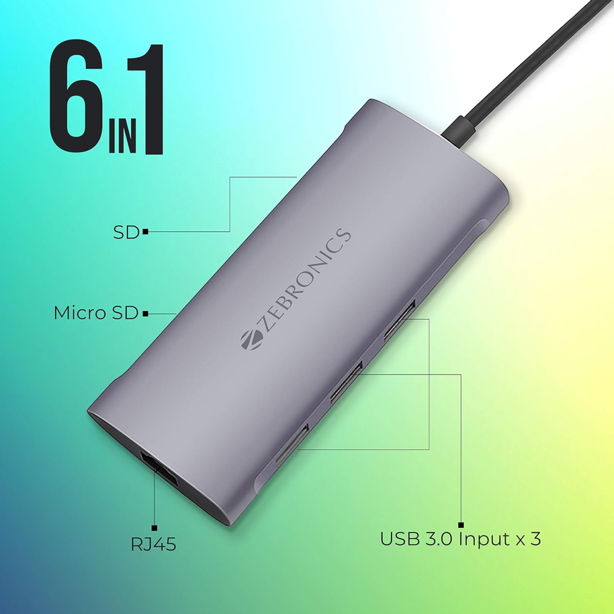 ZEBRONICS 6 in 1 USB Type C Multiport Adapter Zeb TA1000UCL with USB, SD, Micro SD, RJ45 Slots-