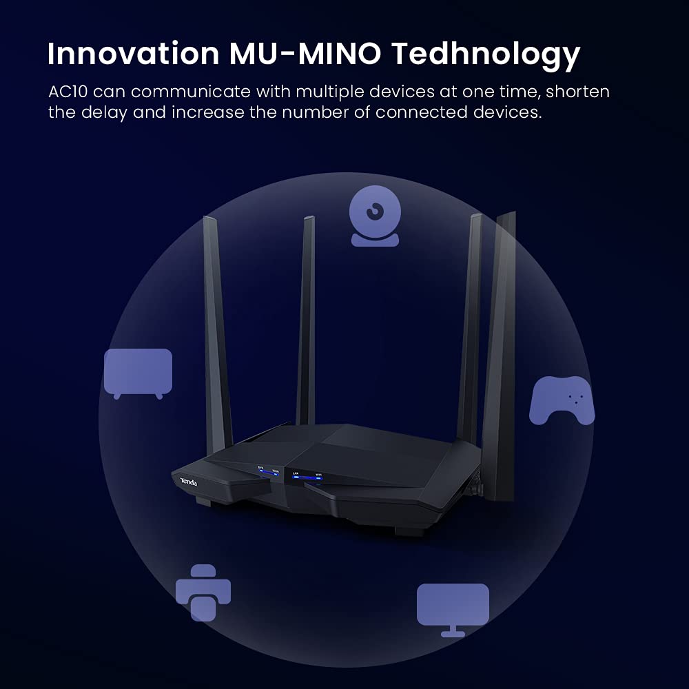 Tenda AC10 AC1200 Wireless Smart Dual-Band Gigabit WiFi Router, MU-MIMO, 4 Gigabit Ports