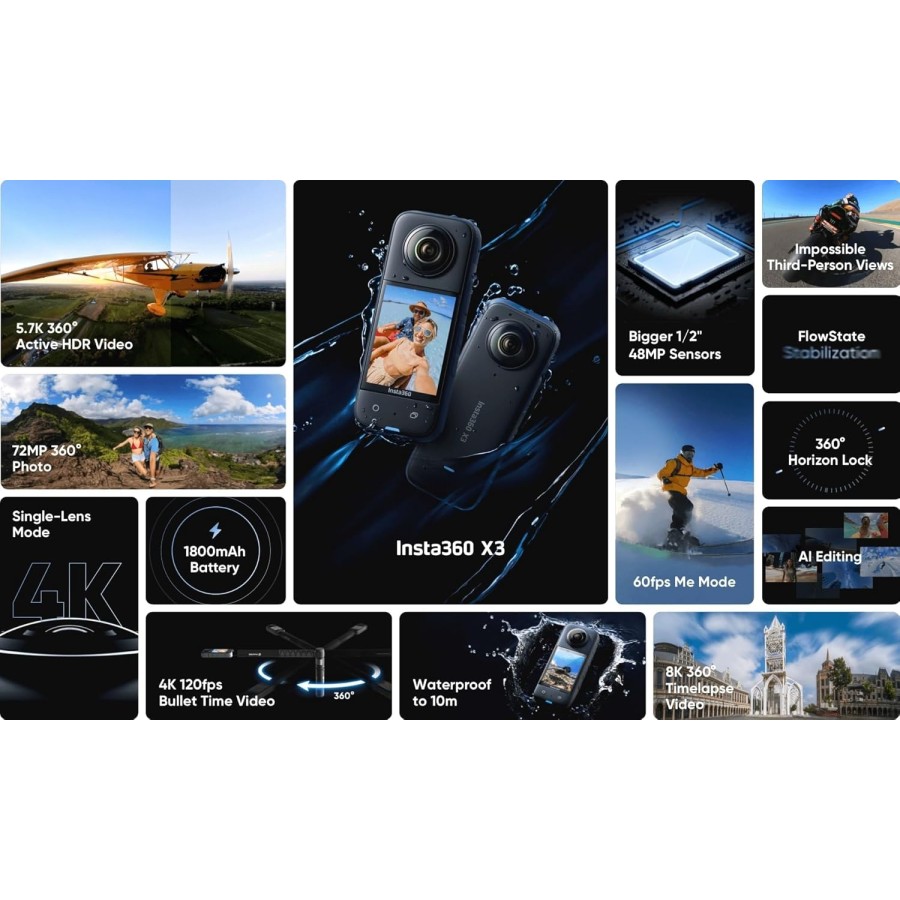 insta360 X3 Action Camera, 1/2" Sensor, 5.7K 360 Capture, Optical Zoom 3X, 72 MP 360 Photo, 4K Single Lens Mode, Black insta360 X3 Action Camera, 1/2" Sensor, 5.7K 360 Capture, Optical Zoom 3X, 72 MP 360 Photo, 4K Single Lens Mode, Black