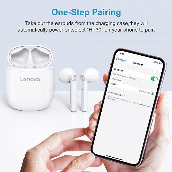 Lenovo HT30 Truly Wireless Bluetooth In Ear Earbuds with Mic (White)