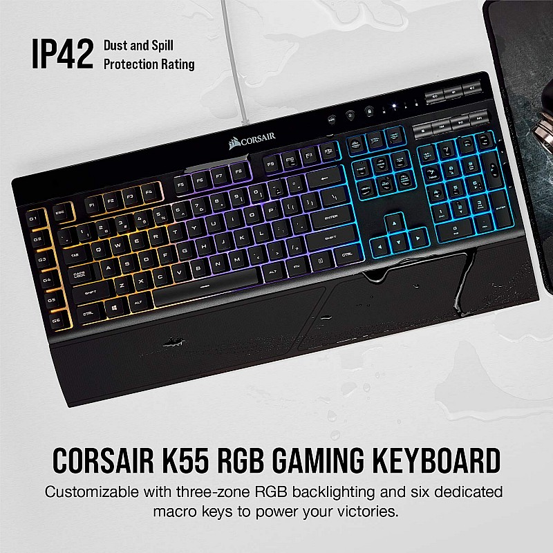 Corsair K55 RGB USB LED Backlit Keys Onboard Macro Recording Media Controls Gaming Keyboard with Wrist Rest Included (Multicolour)