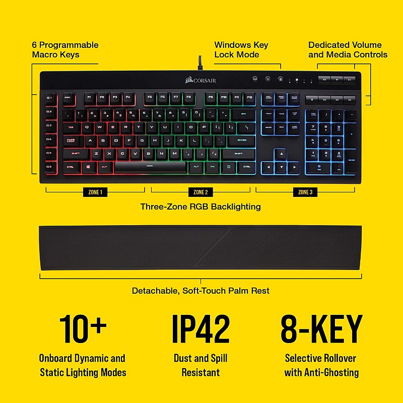 Corsair K55 RGB USB LED Backlit Keys Onboard Macro Recording Media Controls Gaming Keyboard with Wrist Rest Included (Multicolour)