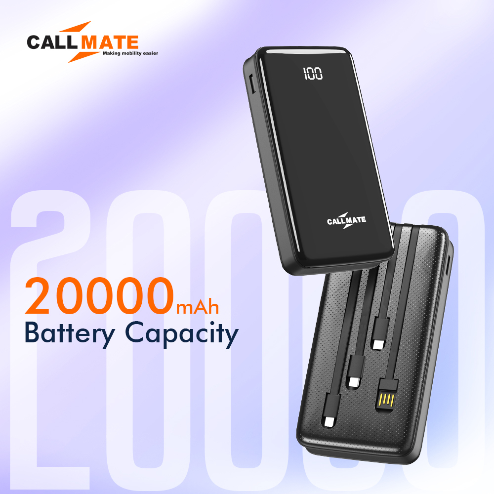 CALLMATE 20000mAh Power Bank, 15W Fast Charging, Built-in Cables, 4 Output Ports, 3 Inputs, for iPhone & Smartphones (Black, Lithium Polymer)