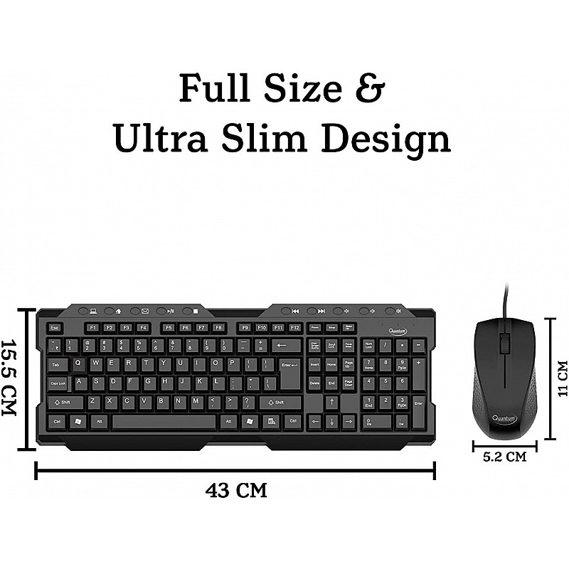 Quantum Wired USB Combo of 104 Keys Full-Size Keyboard, Customisable DPI Optical Mouse