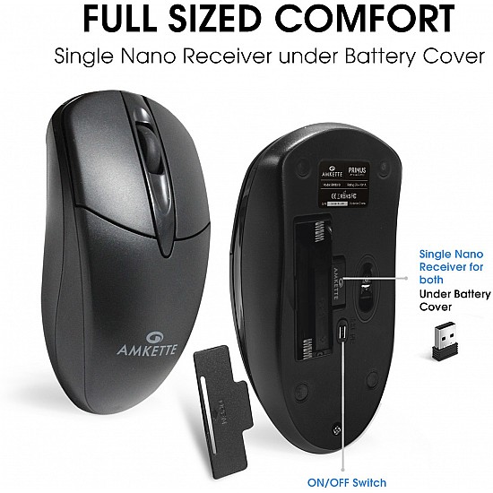 Amkette Primus Wireless Keyboard & Mouse Combo USB Support, 2.4 Ghz Wireless Single Nano Receiver (Black)