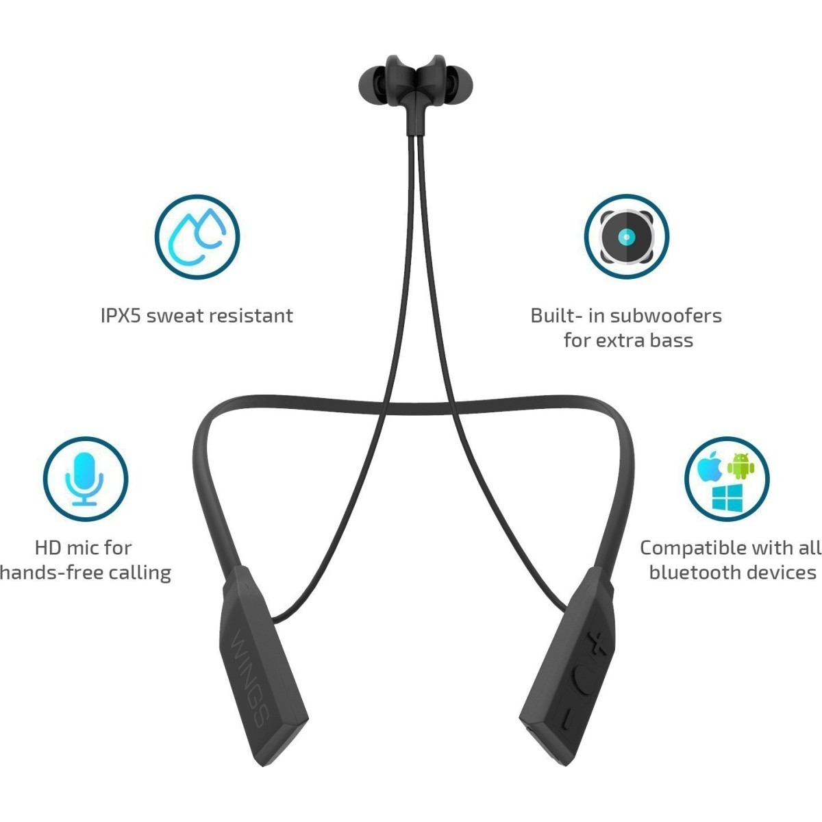 Wings Glide Neckband Latest Bluetooth 5.0 Wireless Earphones Headphones Earbuds 10 Hours Playtime Built