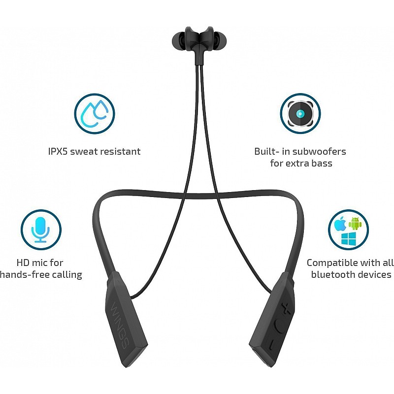 Wings Glide Neckband Latest Bluetooth 5.0 Wireless Earphones Headphones Earbuds 10 Hours Playtime Built