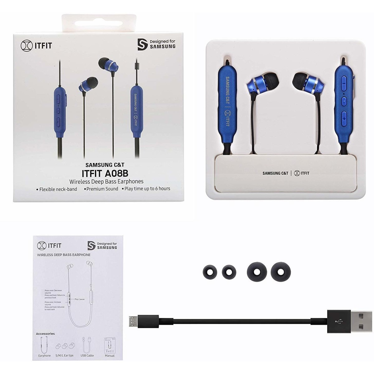 Samsung C&T ITFIT A08B Bluetooth Wireless Earphone with Flexible Neck Band and handsfree Mic