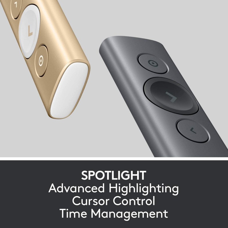 logitech Spotlight Wireless Presentation Remote, 2.4 Ghz and Bluetooth, USB-Receiver, Digital Laser Pointer, 30-Meter Operating Range, Dual Connectivity for Timer PC/Mac/Android/iOS - Gold logitech Spotlight Wireless Presentation Remote, 2.4 Ghz and Bluetooth, USB-Receiver, Digital Laser Pointer, 30-Meter Operating Range, Dual Connectivity for Timer PC/Mac/Android/iOS - Gold