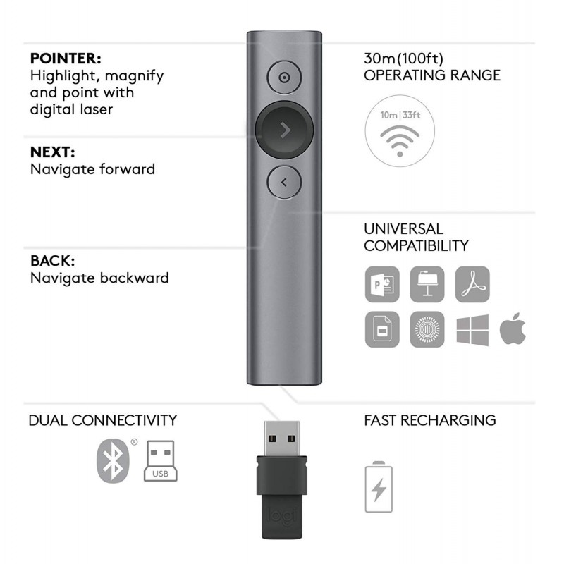 logitech Spotlight Wireless Presentation Remote, 2.4 Ghz and Bluetooth, USB-Receiver, Digital Laser Pointer, 30-Meter Operating Range, Dual Connectivity for Timer PC/Mac/Android/iOS - Gold logitech Spotlight Wireless Presentation Remote, 2.4 Ghz and Bluetooth, USB-Receiver, Digital Laser Pointer, 30-Meter Operating Range, Dual Connectivity for Timer PC/Mac/Android/iOS - Gold