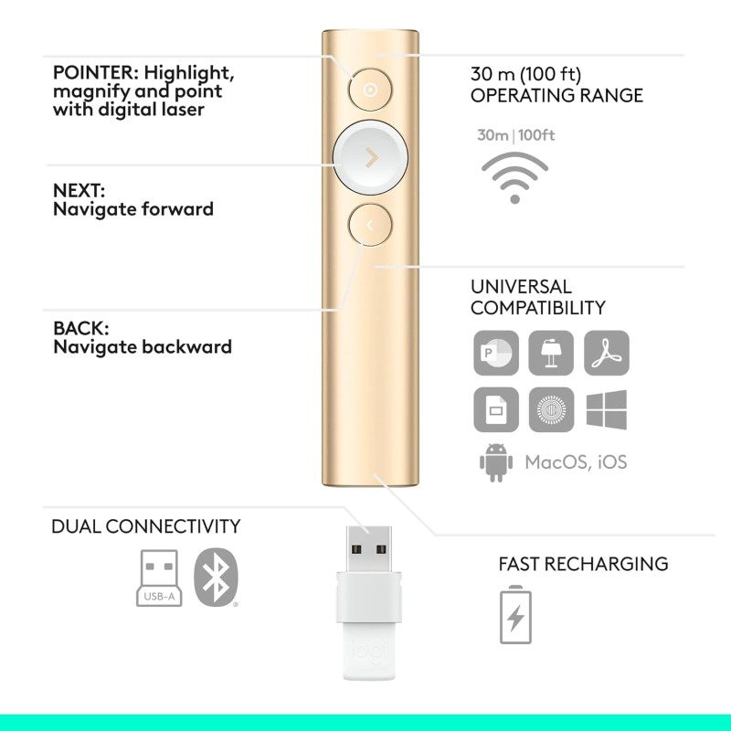 logitech Spotlight Wireless Presentation Remote, 2.4 Ghz and Bluetooth, USB-Receiver, Digital Laser Pointer, 30-Meter Operating Range, Dual Connectivity for Timer PC/Mac/Android/iOS - Gold logitech Spotlight Wireless Presentation Remote, 2.4 Ghz and Bluetooth, USB-Receiver, Digital Laser Pointer, 30-Meter Operating Range, Dual Connectivity for Timer PC/Mac/Android/iOS - Gold