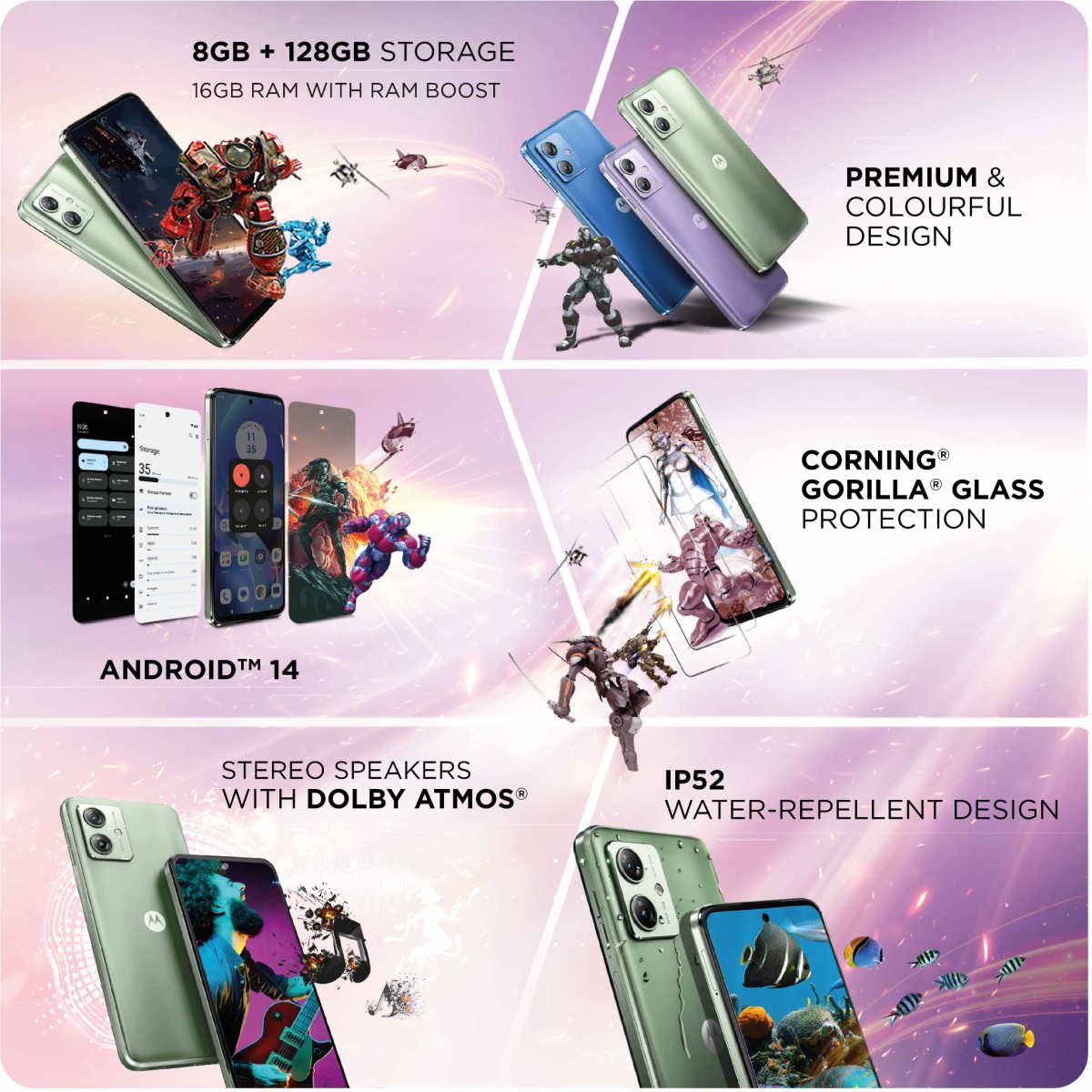 Motorola G64 5G (Ice Lilac, 8GB RAM, 128GB Storage) | Expandable Upto 2TB | Upto 16GB RAM with RAM Boost | 50MP (OIS) + 8MP | 16MP Front Camera | MediaTek Dimensity 7025 Processor | 6000 mAh Battery (refurbished)