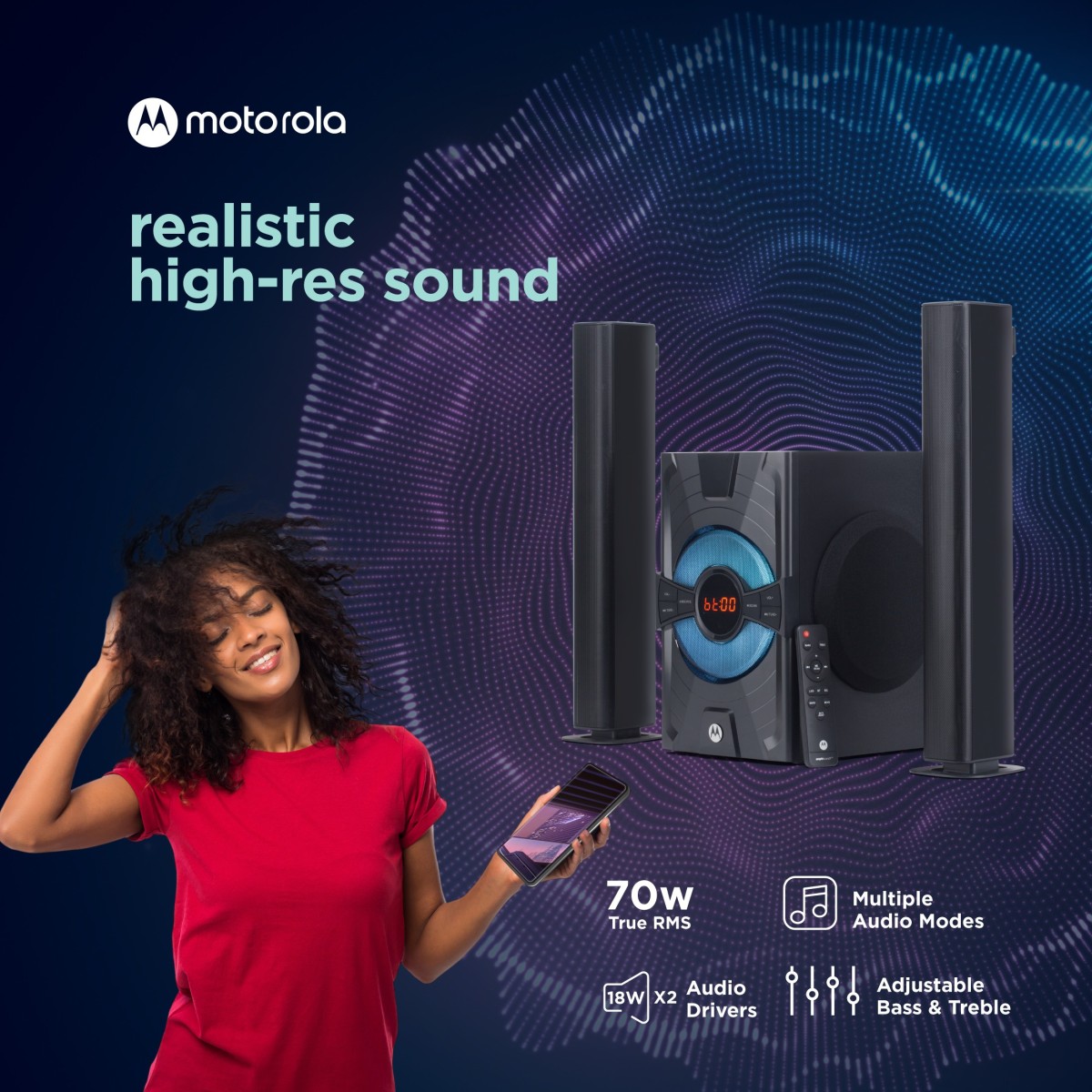 MOTOROLA AmphisoundX Convertible Soundbar 70 W Bluetooth Home Theatre (Black, 2.1 Channel)