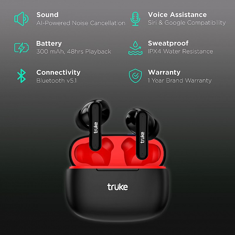 Truke Air Buds E216 TWS Earbuds with AI Noise Cancellation (IPX4 Water Resistant, 48 Hours Playback, Black)