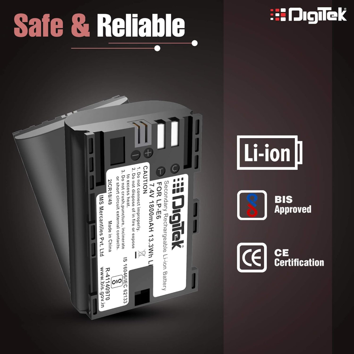 DIGITEK® (LP-E6) 1800 mAh Secondary Li-ion Rechargeable Battery for DSLR Camera EOS 5D Mark IV, EOS 5Ds, 5DS R, EOS 6D, EOS 6D Mark