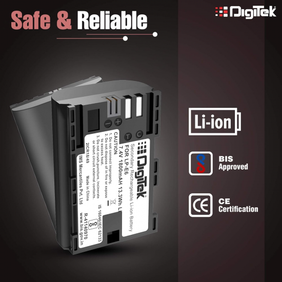 DIGITEK® (LP-E6) 1800 mAh Secondary Li-ion Rechargeable Battery for DSLR Camera EOS 5D Mark IV, EOS 5Ds, 5DS R, EOS 6D, EOS 6D Mark 