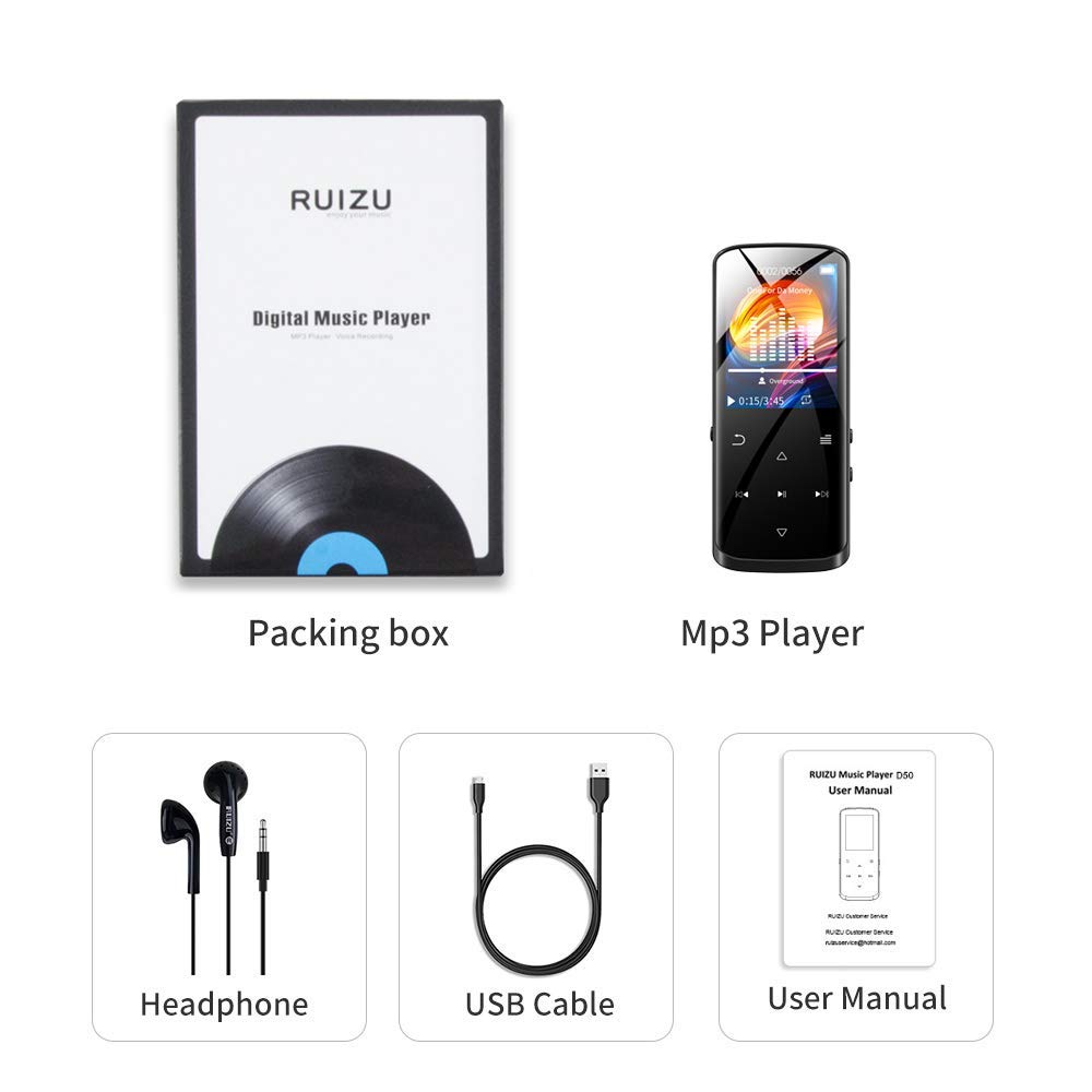 RUIZU D50 8GB MP3 Player, Bluetooth 5.0, HiFi Lossless Sound Portable Music Player