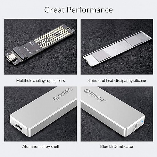 ORICO Mini M.2 NVME SSD Enclosure Clip Type Aluminum NVME External Hard Drive Case USB3.1 Gen2 Type-C up to 2TB 10Gbps [SSD NOT Included]