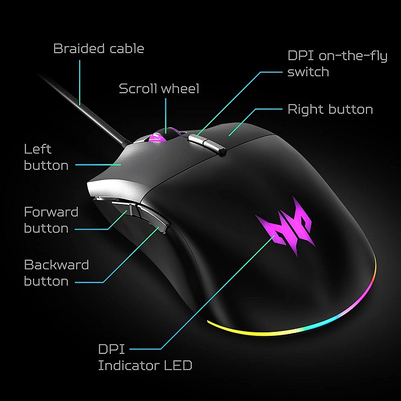 Acer Predator Cestus 330 Gaming Mouse: 16000 On-The-Fly DPI - RGB Lighting - 7 - Black