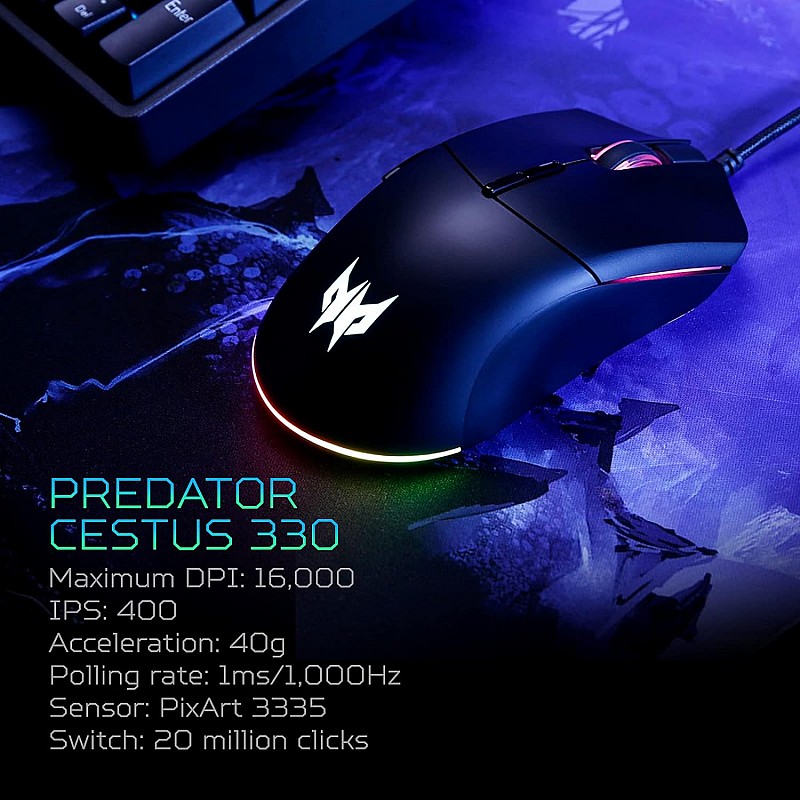 Acer Predator Cestus 330 Gaming Mouse: 16000 On-The-Fly DPI - RGB Lighting - 7 - Black