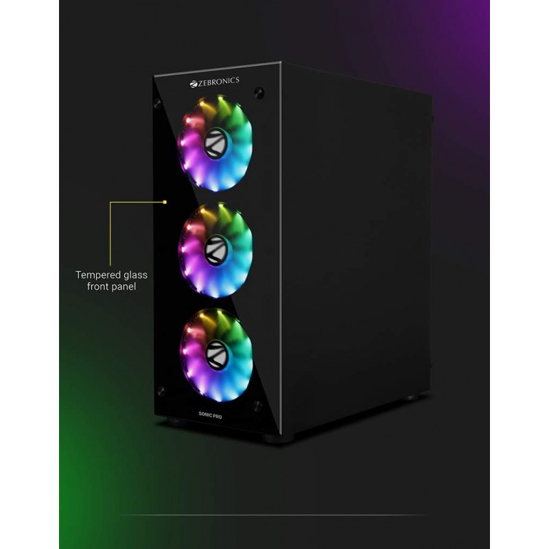 Zebronics Zeb-Sonic PRO Premium Gaming Cabinet Comes with Tempered Glass Front & Side Panel,120mm Rear & Front RGB LED Fan