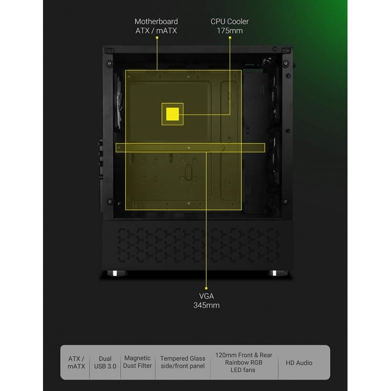 Zebronics Zeb-Sonic PRO Premium Gaming Cabinet Comes with Tempered Glass Front & Side Panel,120mm Rear & Front RGB LED Fan