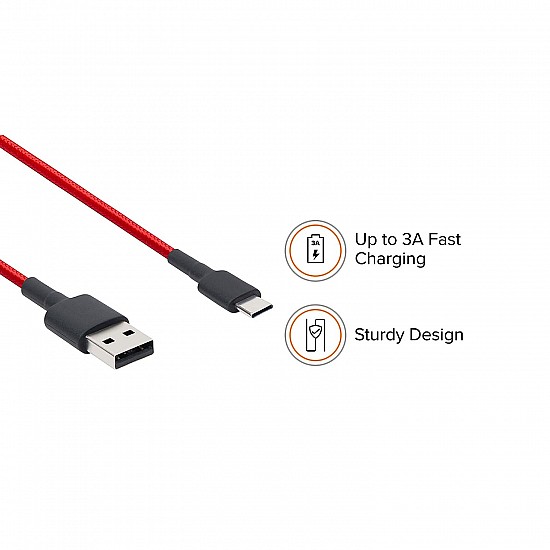 Mi Xiaomi Braided Type C 100Cm Cable Red|Supports Upto 22.5 Charging|Tangle Free Sturdy Built with Kevlar Protection