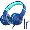 Wired Headphones with Mic - iClever Kids Headphones Foldable Stereo Tangle-Free 3.5mm-Blue