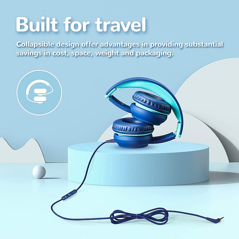 Wired Headphones with Mic - iClever Kids Headphones Foldable Stereo Tangle-Free 3.5mm-Blue