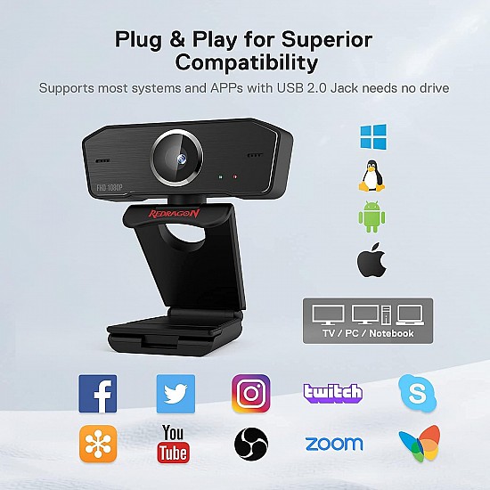 Redragon GW800 1080P Webcam with Built-in Dual Microphone