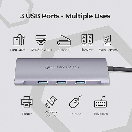 ZEBRONICS 7 in1 USB Type C Multiport Adapter Zeb TA1500UCVP with USB, HDMI, SD, Micro SD, Type C PD