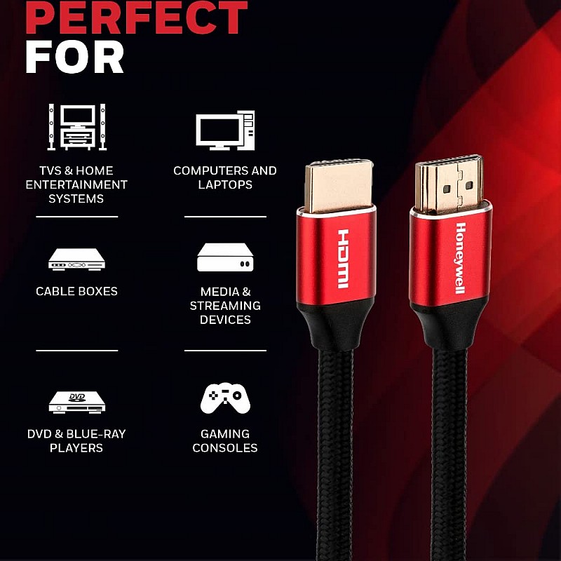 Honeywell HDMI Cable 2.1 with Ethernet, 8k@60Hz, 4k@120Hz UHD Resolution, 2 Mtr(6.6ft)