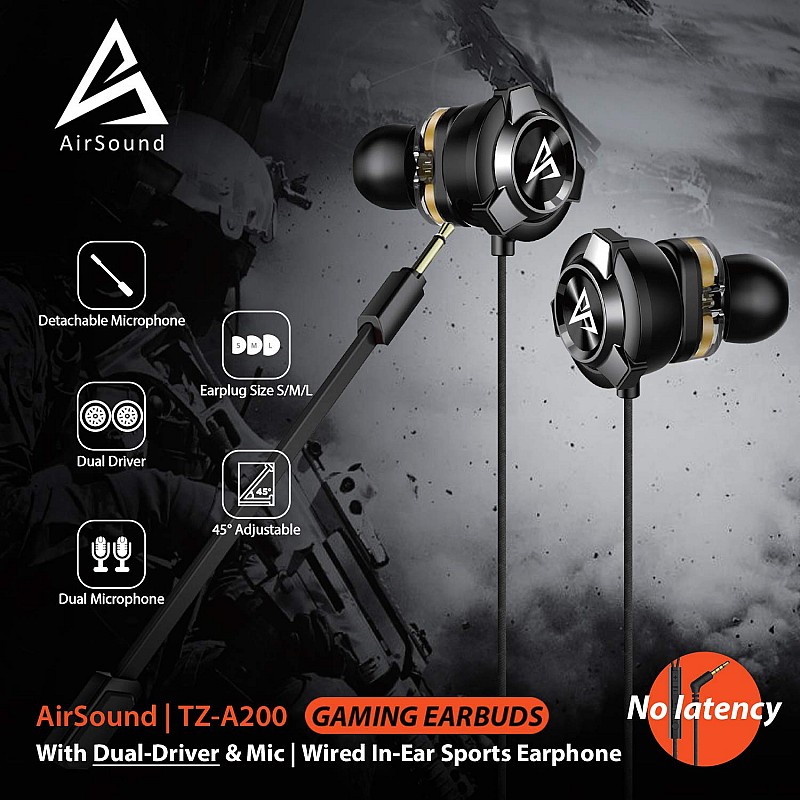 AirSound A200 Pro Dual Driver Gaming Earphone with Dual Mic & 3D Stereo Sound for Android, Tablets, PC, Laptop