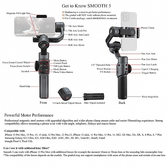 zhi yun Smooth 5 3-Axis Focus Pull & Zoom Capability Handheld Gimbal Stabilizer.Black