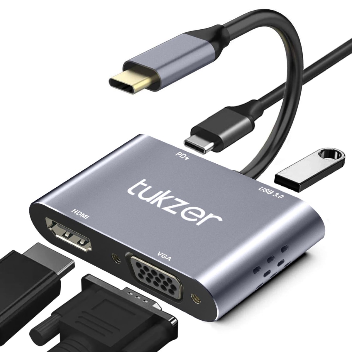Tukzer 4-in-1 Type-C Hub to HDMI 4K@30Hz, VGA 1080P@60Hz, USB 3.0 Data, 100W PD
