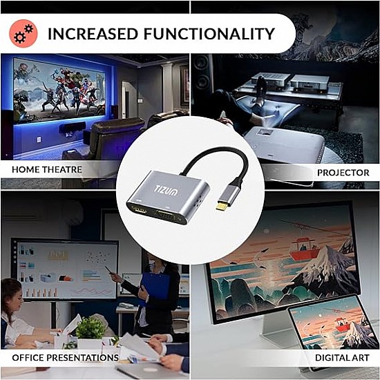 Tizum USB C Hub (2-in-1) Portable Multiport Adapter/Connector, Type C USB Hub to 4K HDMI (Grey)