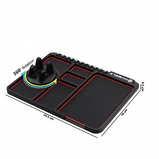 HUMBLE Silicone Car Dashboard Mat with 360 Degrees Rotating Phone Holder,Coin & Key Slot, Anti-Slip Mat with Parking Numbers (Black)