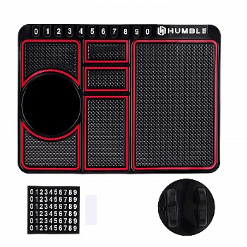 HUMBLE Silicone Car Dashboard Mat with 360 Degrees Rotating Phone Holder,Coin & Key Slot, Anti-Slip Mat with Parking Numbers (Black)