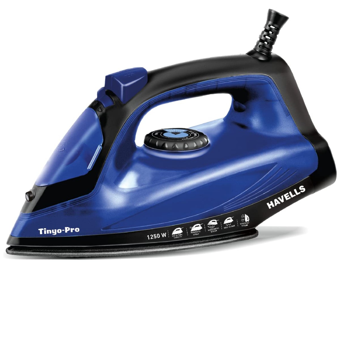 Havells Tinyo Pro 1250 Watt Steam Iron Press with Powerfull Steam Spray | Horizontal & Vertical Steaming Function | Self Clean | 2 Years Warranty (Blue)