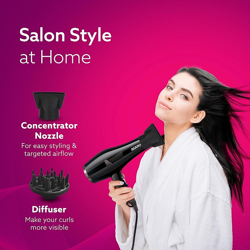 AGARO HD-1150 2000 Watts Professional Hair Dryer with Concentrator, Diffuser & Cool Shot Button- Black