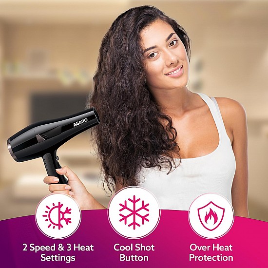 AGARO HD-1150 2000 Watts Professional Hair Dryer with Concentrator, Diffuser & Cool Shot Button- Black