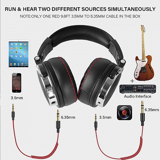 OneOdio Over Ear Headphones Studio Wired Bass Headsets with 50mm Driver, Foldable Lightweight Headphones with Shareport and Mic for DJ Monitoring Mixing Guitar PC TV (Pro-50)