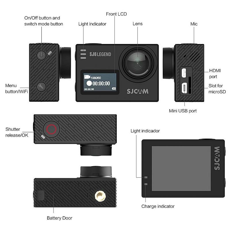 SJCAM SJ6 Legend Optical 16 MP 4K24fps 5.08 cm (2.0") LCD Touch Screen Action Camera | 3-axis Gyro Sensor, 166° Super Wide | External Mic Support | Dual Screen (Black)