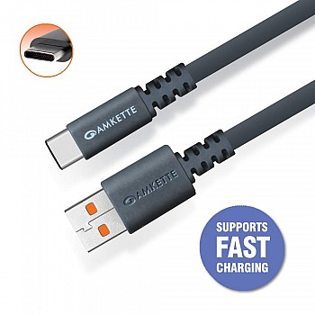 Amkette Charge Pro Type C Extra Tough Flat Fast Charging Cable for Smartphone, Charging Adapter - 4.92 Feet (1.5 Meters - Space Grey)