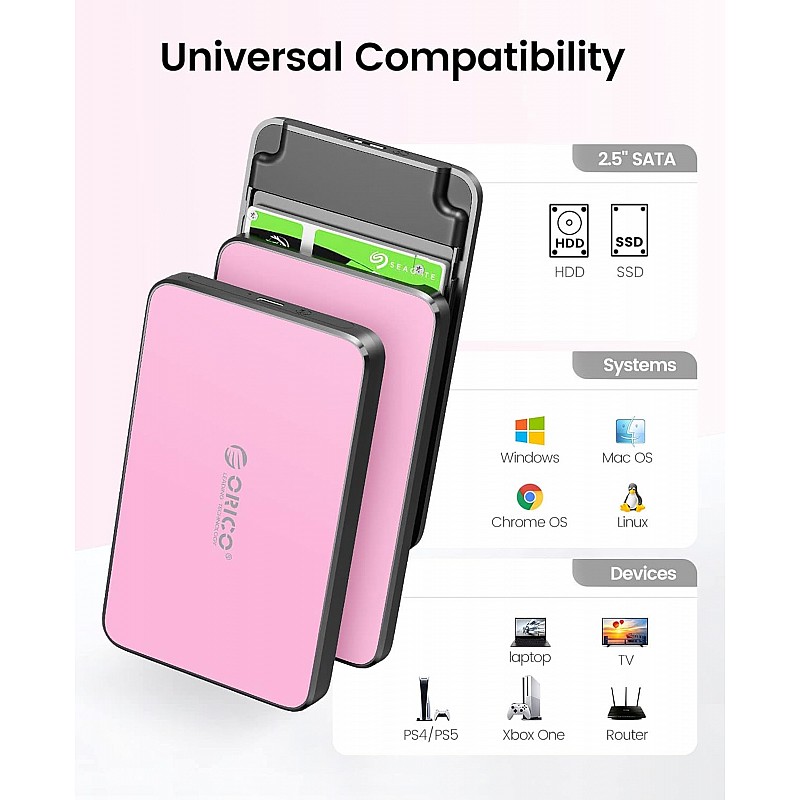 ORICO 2.5 Inch Hard Drive Enclosure USB C, 6Gbps USB 3.1 Gen 1 External SATA Drive Case for 2.5inch 9.5mm 7mm SSD HDD Up to 6TB, Tool Free, with 4 Colors to Choose, Support UASP (2588C3, Pink)