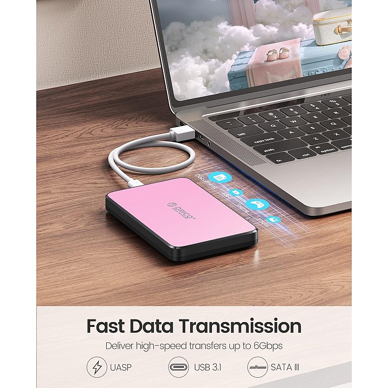 ORICO 2.5 Inch Hard Drive Enclosure USB C, 6Gbps USB 3.1 Gen 1 External SATA Drive Case for 2.5inch 9.5mm 7mm SSD HDD Up to 6TB, Tool Free, with 4 Colors to Choose, Support UASP (2588C3, Pink)